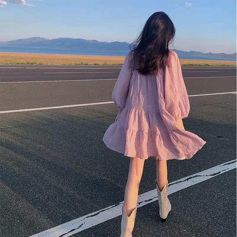 Đầm babydoll cổ bèo tay dài Ulzzang đũi tơ hai lớp hàng cao cấp bao đẹp