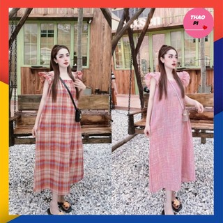 Đầm suông cánh tiên sọc caro nhún nhực đi chơi đi dạo siêu đẹp hình thật video - M32