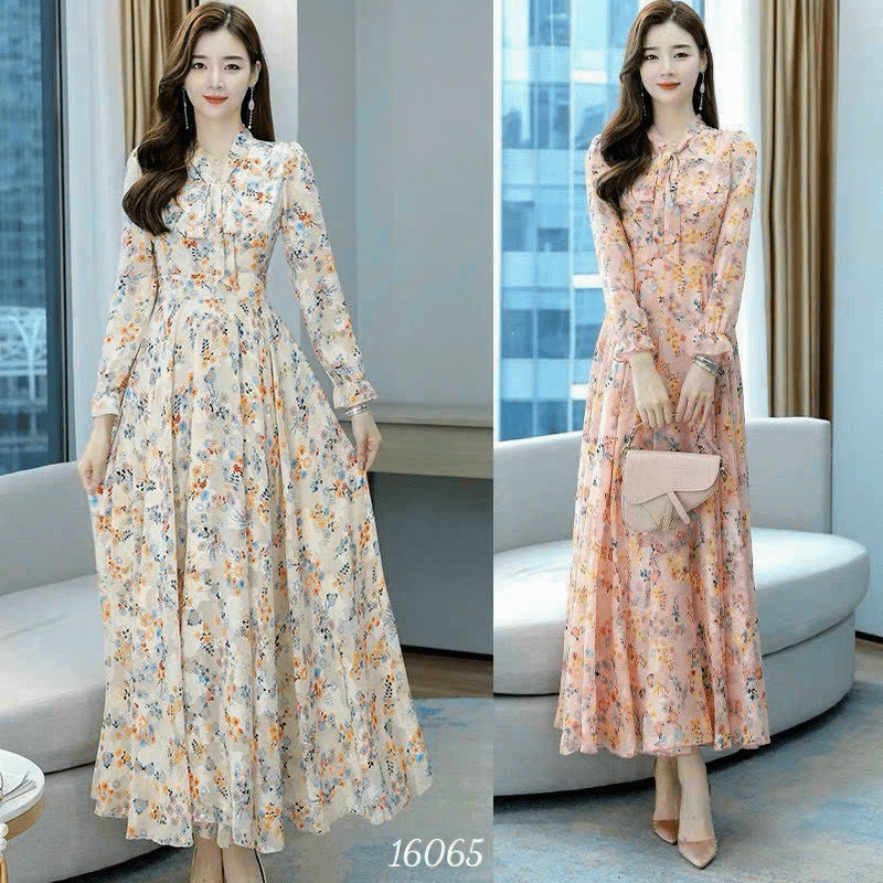 Đầm voan hoa cổ nơ dáng dài thời trang trẻ trung thiết kế duyên dáng - sang chảnh cho các chị em LANA FASHION