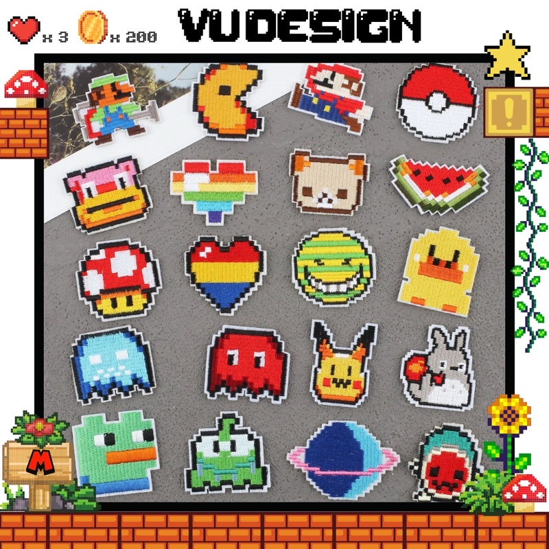 Sticker Dán Vải, Ủi Thêu Quần Áo, Balo, Túi, Mũ Hình Game Nitendo Pixel SuperMario Pokemon Pikachu Pacman Vudesign