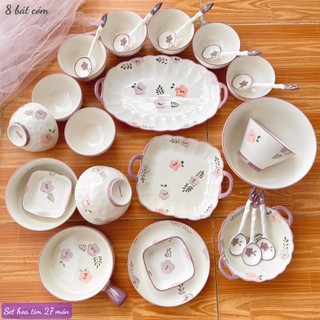 Bộ bát đĩa decor, Chén dĩa dễ thương, Bát ăn cơm, Bộ chén dĩa hoạ tiết hoa tím siêu dễ thương men bóng mướt đẹp