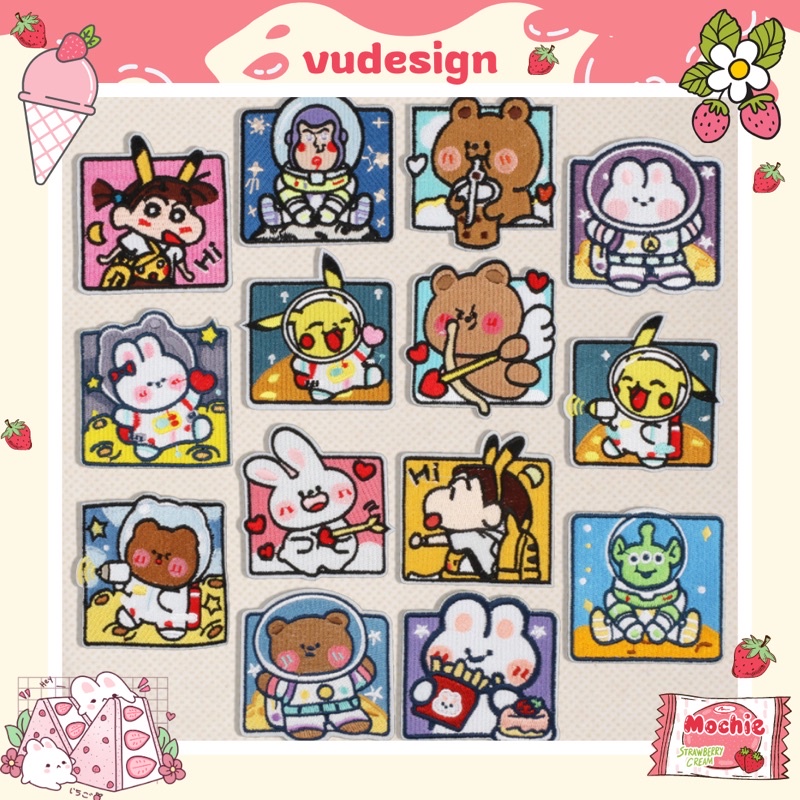 Sticker Vải, Ủi Thêu Quần Áo, Balo, Túi, Mũ Couple Áo Đôi Gấu Thỏ Shin Pikachu Little Twin Stars Boy Girl Vudesign