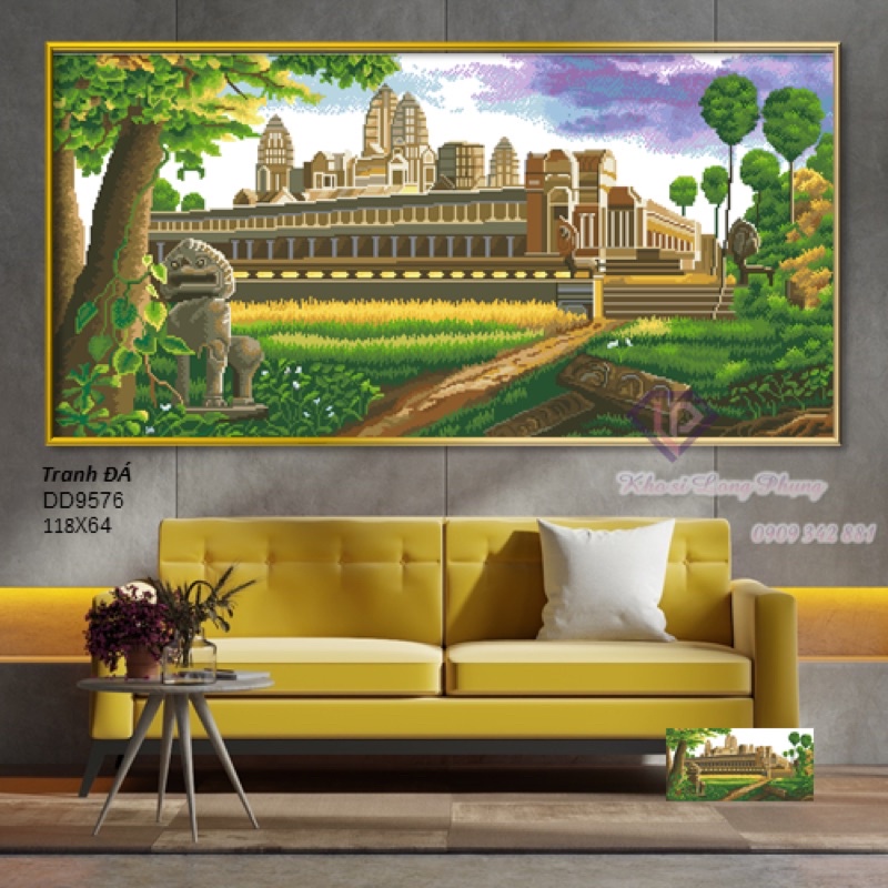 Tranh đính Đá 5D _Tranh thêu Chữ Thập Phong Cảnh Camphuchia đền Angkowat D9576:118x64 cm ( chưa đính)