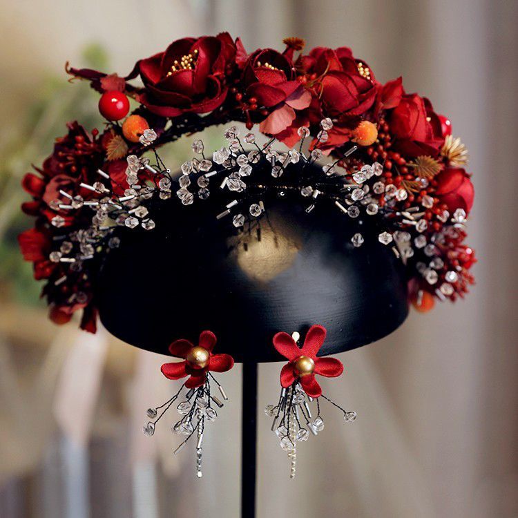 Băng Đô Hoa Đỏ Đính Hạt Pha Lê Phong Cách Trung Hoa Cho Cô Dâu