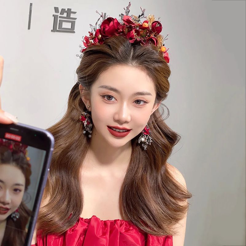 Băng Đô Hoa Đỏ Đính Hạt Pha Lê Phong Cách Trung Hoa Cho Cô Dâu