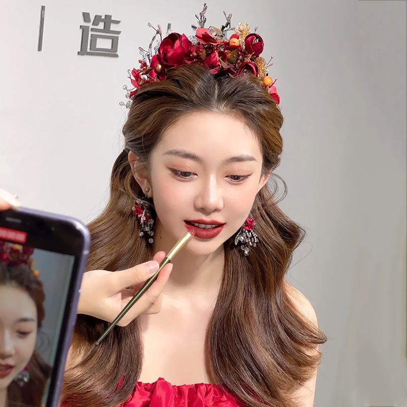 Băng Đô Hoa Đỏ Đính Hạt Pha Lê Phong Cách Trung Hoa Cho Cô Dâu