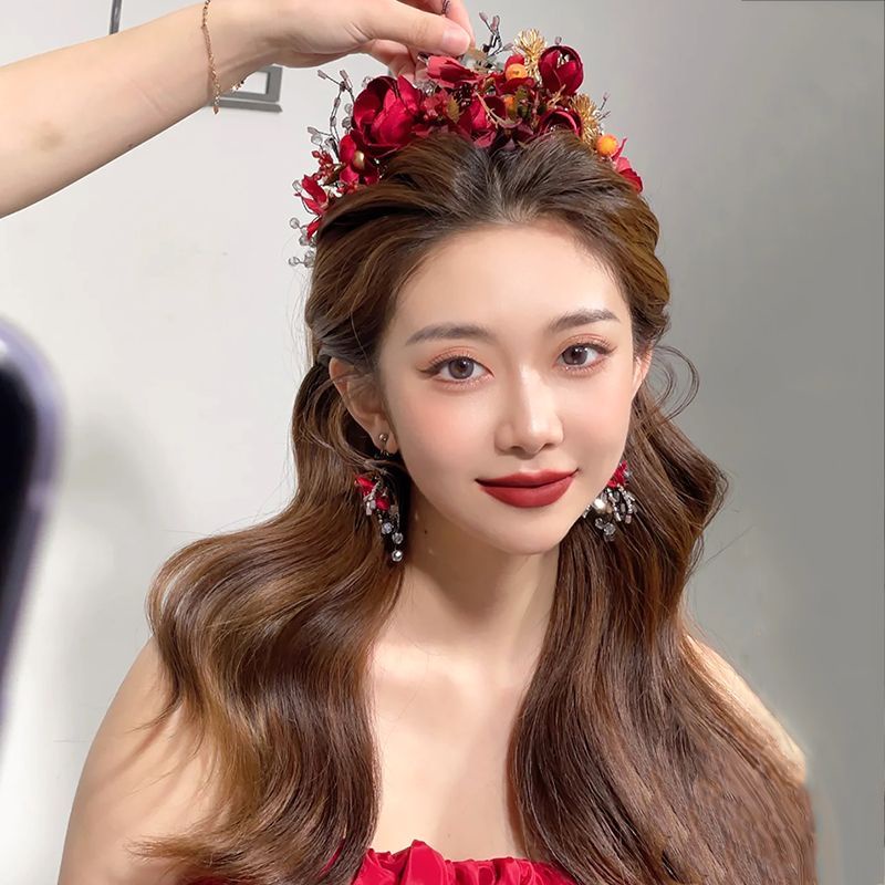 Băng Đô Hoa Đỏ Đính Hạt Pha Lê Phong Cách Trung Hoa Cho Cô Dâu