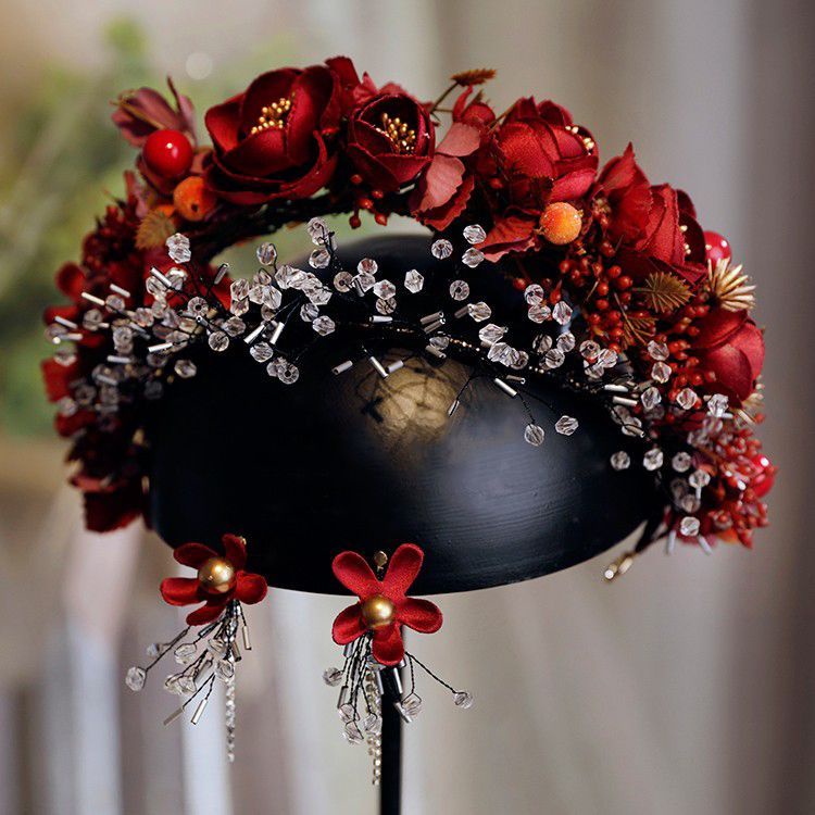 Băng Đô Hoa Đỏ Đính Hạt Pha Lê Phong Cách Trung Hoa Cho Cô Dâu