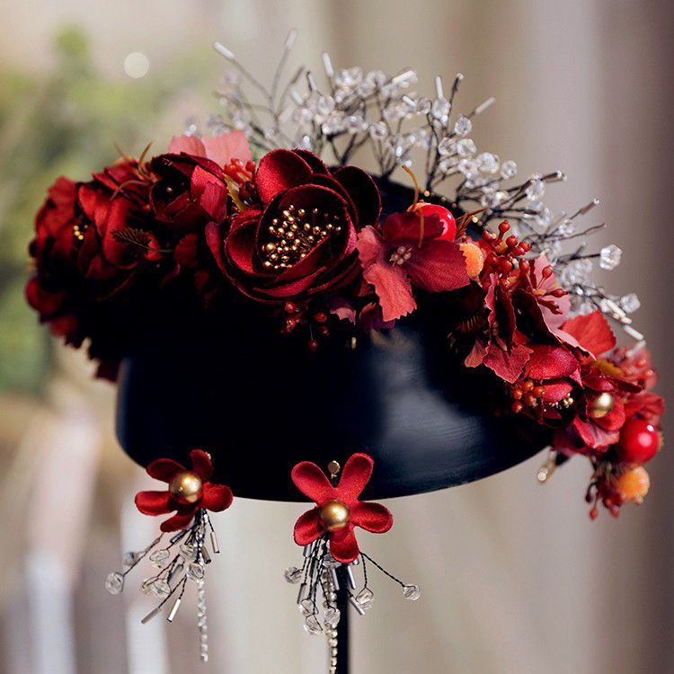 Băng Đô Hoa Đỏ Đính Hạt Pha Lê Phong Cách Trung Hoa Cho Cô Dâu