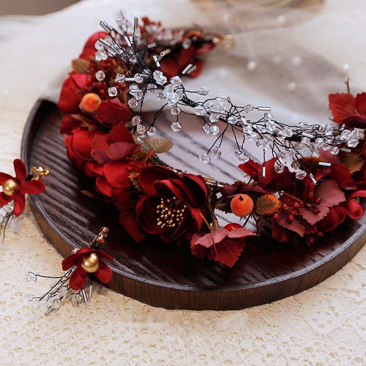 Băng Đô Hoa Đỏ Đính Hạt Pha Lê Phong Cách Trung Hoa Cho Cô Dâu