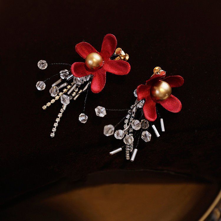 Băng Đô Hoa Đỏ Đính Hạt Pha Lê Phong Cách Trung Hoa Cho Cô Dâu