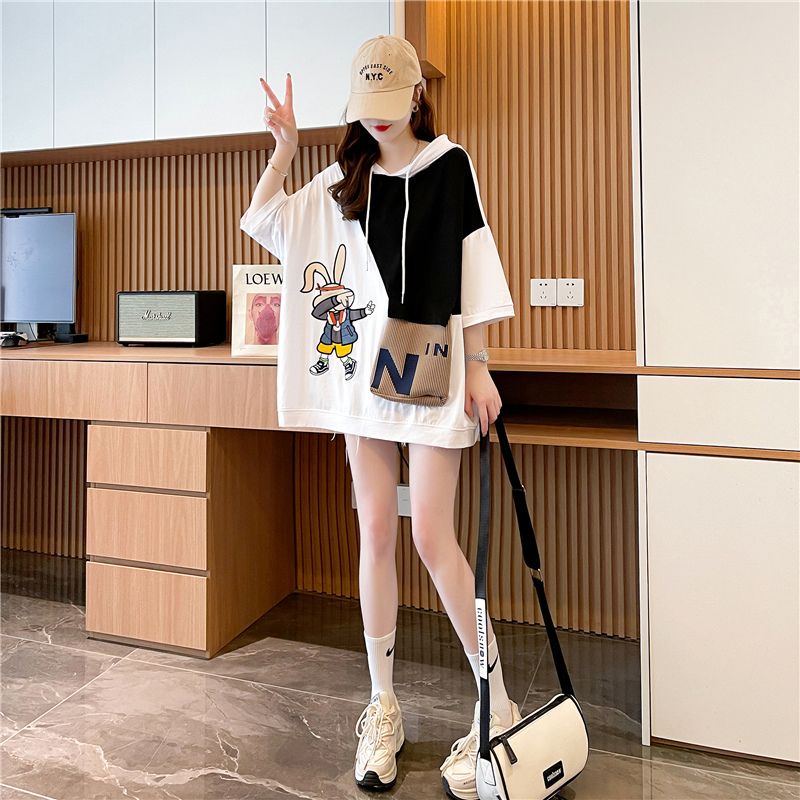 Áo Thun cotton Có Mũ Trùm Đầu Tay Ngắn Dáng Rộng Phong Cách Thời Trang Mùa Hè Hàng Mới Dành Cho Nữ