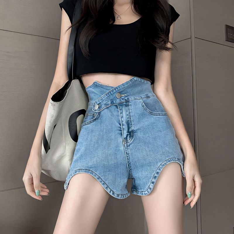 Jiashucheng quần short Denim cạp cao dành cho phụ nữ mùa hè phong cách mới phiên bản hàn quốc mỏng hơn nhìn co giãn thời trang quần ống rộng không thường xuyên quần nóng