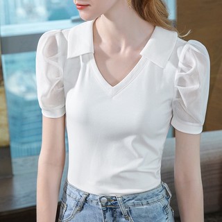 Áo thun cổ bẻ tay voan nhũ