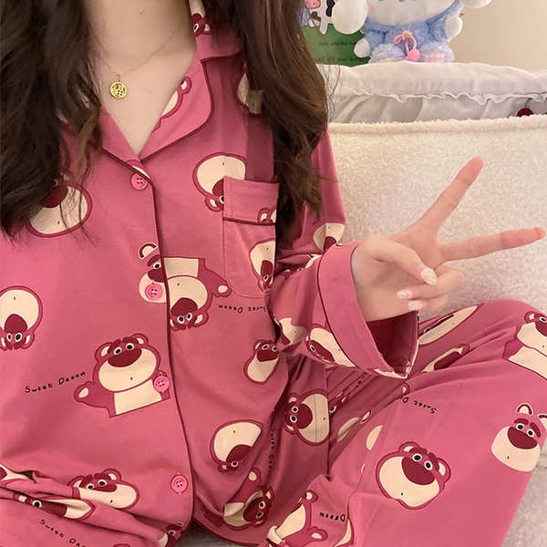 Gấu dâu tây mẫu mới xuân thu dài tay hoạt hình dễ thương đồ ngủ học sinh