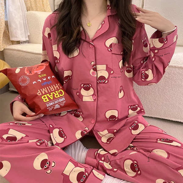 Gấu dâu tây mẫu mới xuân thu dài tay hoạt hình dễ thương đồ ngủ học sinh