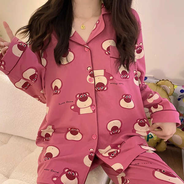 Gấu dâu tây mẫu mới xuân thu dài tay hoạt hình dễ thương đồ ngủ học sinh