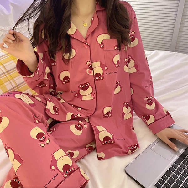 Gấu dâu tây mẫu mới xuân thu dài tay hoạt hình dễ thương đồ ngủ học sinh