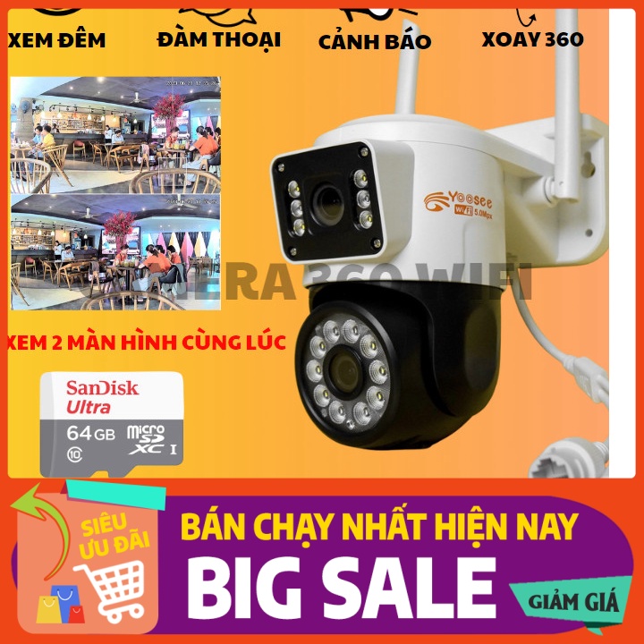 Sale rẻ nhất Camera IP Yoosee 2 MẮT XEM 2 MÀN HÌNH cùng lúc 5.0MPX xoay 360 độ,xem đêm có màu, hỗ trợ đàm thoại 2 chiều,