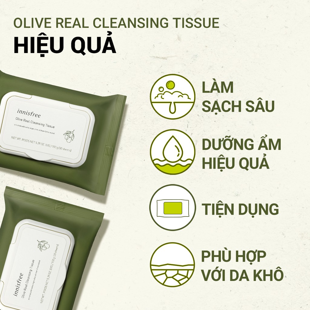 Khăn giấy tẩy trang dưỡng ẩm ô liu vàng innisfree Olive Real Cleansing Tissue (30 miếng)