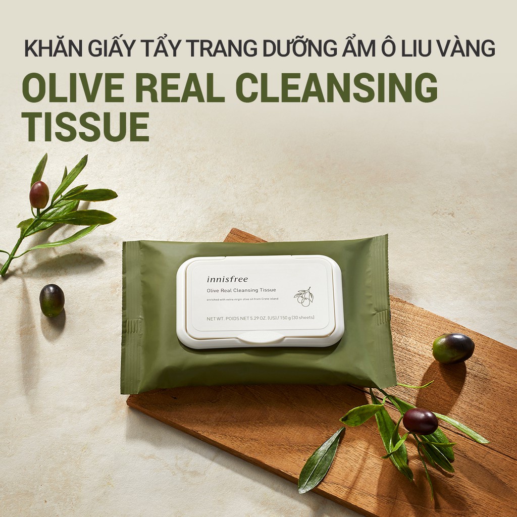 Khăn giấy tẩy trang dưỡng ẩm ô liu vàng innisfree Olive Real Cleansing Tissue (30 miếng)