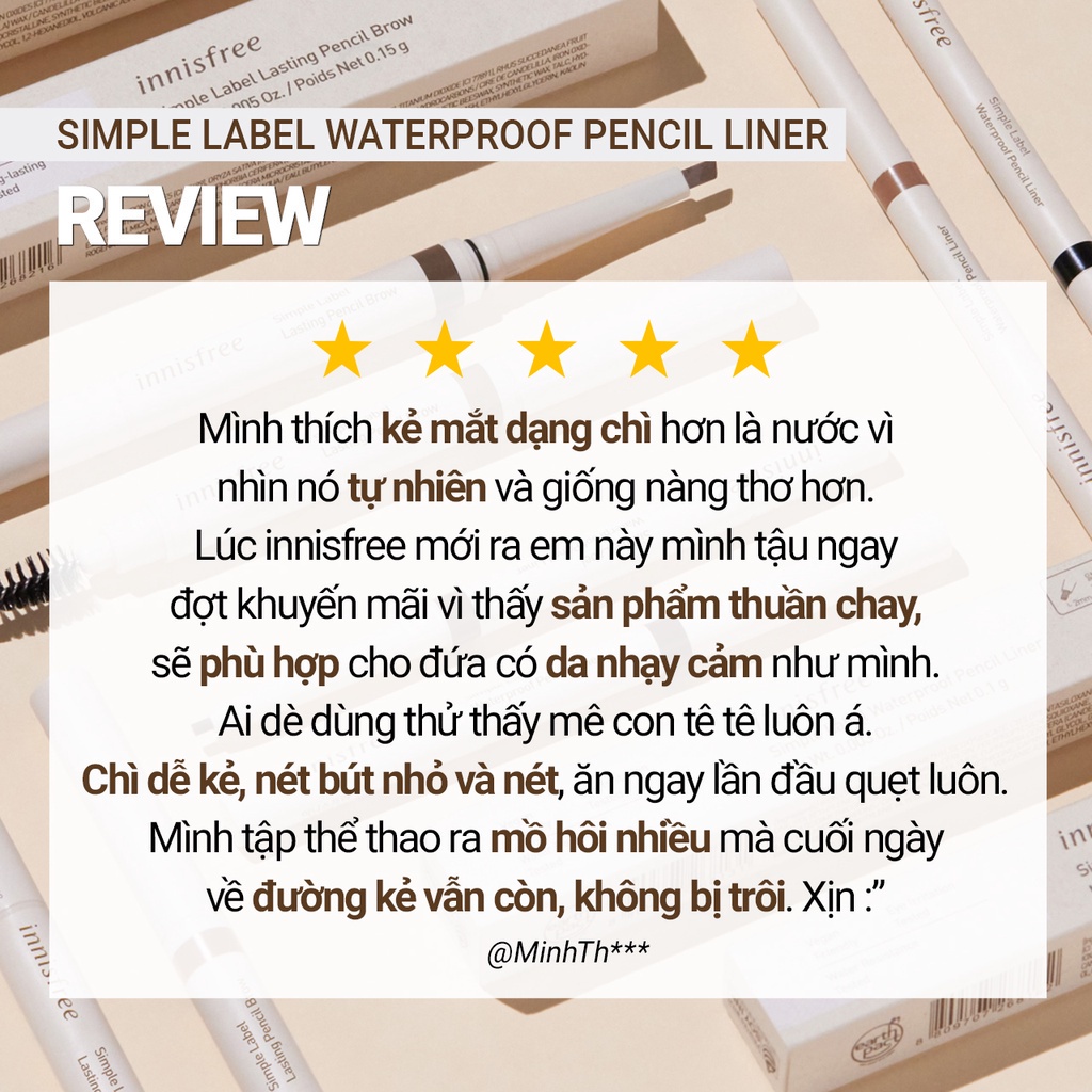 Chì kẻ mắt thuần chay chống nước innisfree Simple Label Waterproof Pencil Liner 0.1g