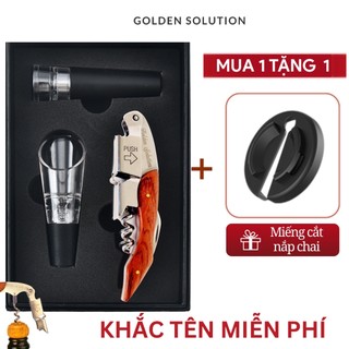 [Khui Khắc Tên] Đồ Khui Rượu Vang, Khui Bia Cán Gỗ Kèm Nút Chân Không Và Phễu Rót