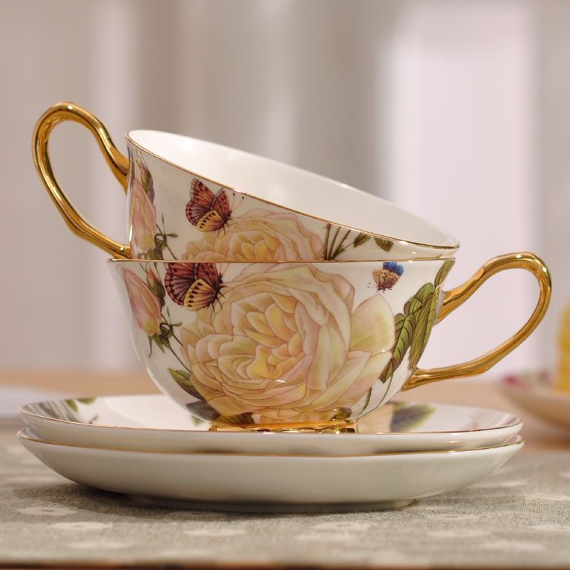 Bộ Tách Trà / Cà Phê Bằng Gốm Sứ Màu Vàng Kim In Chữ Tiếng Anh Sáng Tạo Phong Cách Châu Âu