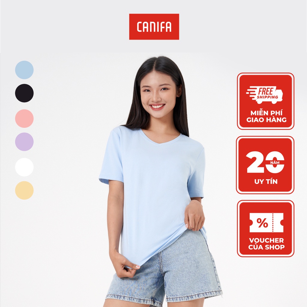 Áo phông nữ CANIFA chất liệu cotton, cổ tim tay cộc 6TS23A005