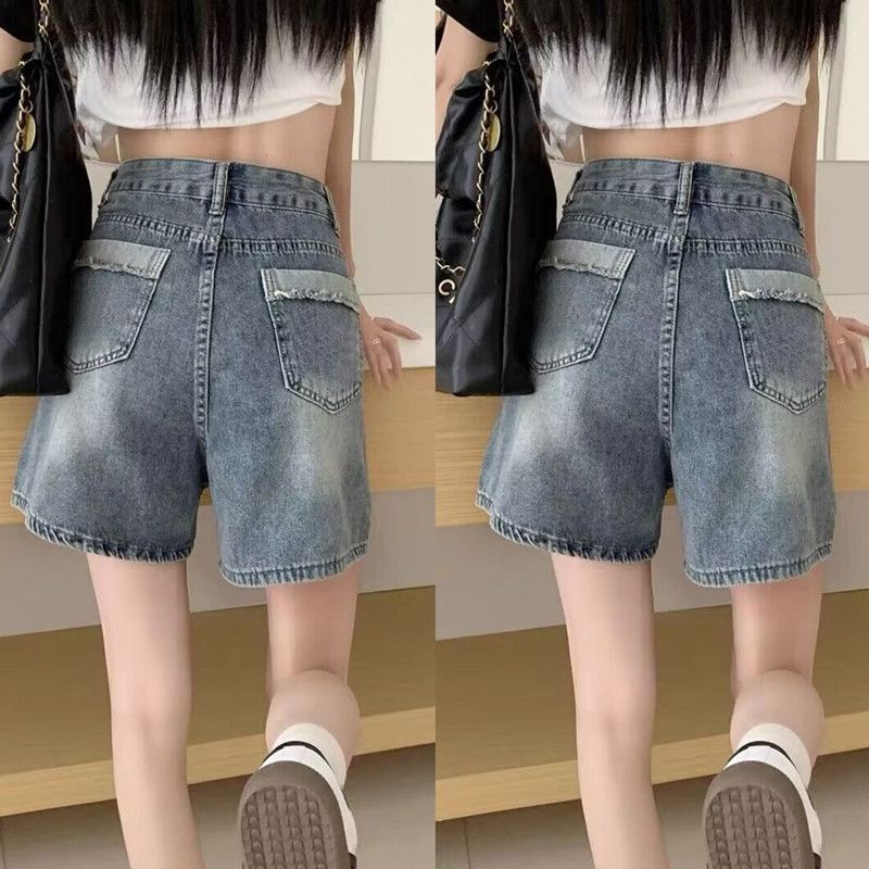 Jiashucheng Quần Short Jean Ống Rộng Lưng Cao Năm Tấc Cỡ Lớn Ôm Dáng Mùa Hè Cho Nữ