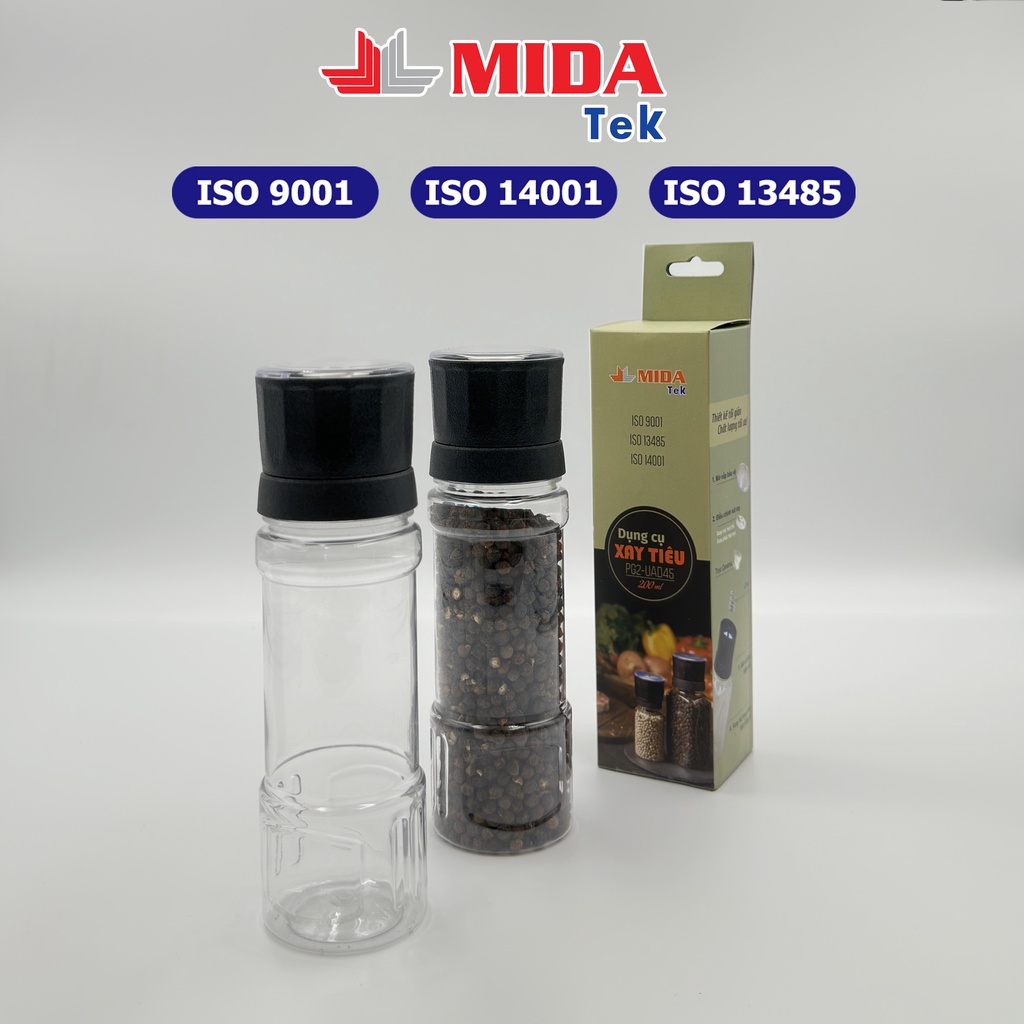 Máy Xay Tiêu Cầm Tay Midatek Cối Xay Ceramic, Hũ Nhựa 200Ml, Miệng Hũ 45Mm