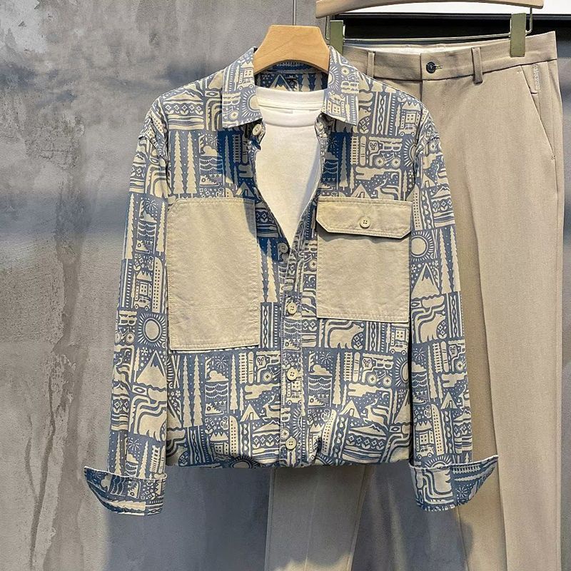 Áo Sơ Mi Nam Dài Tay In Họa Tiết Phong Cách retro Hàn Quốc