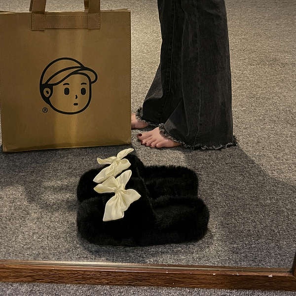 Dép Lông Nhung Đế Dày Đính Nơ Thời Trang 2023