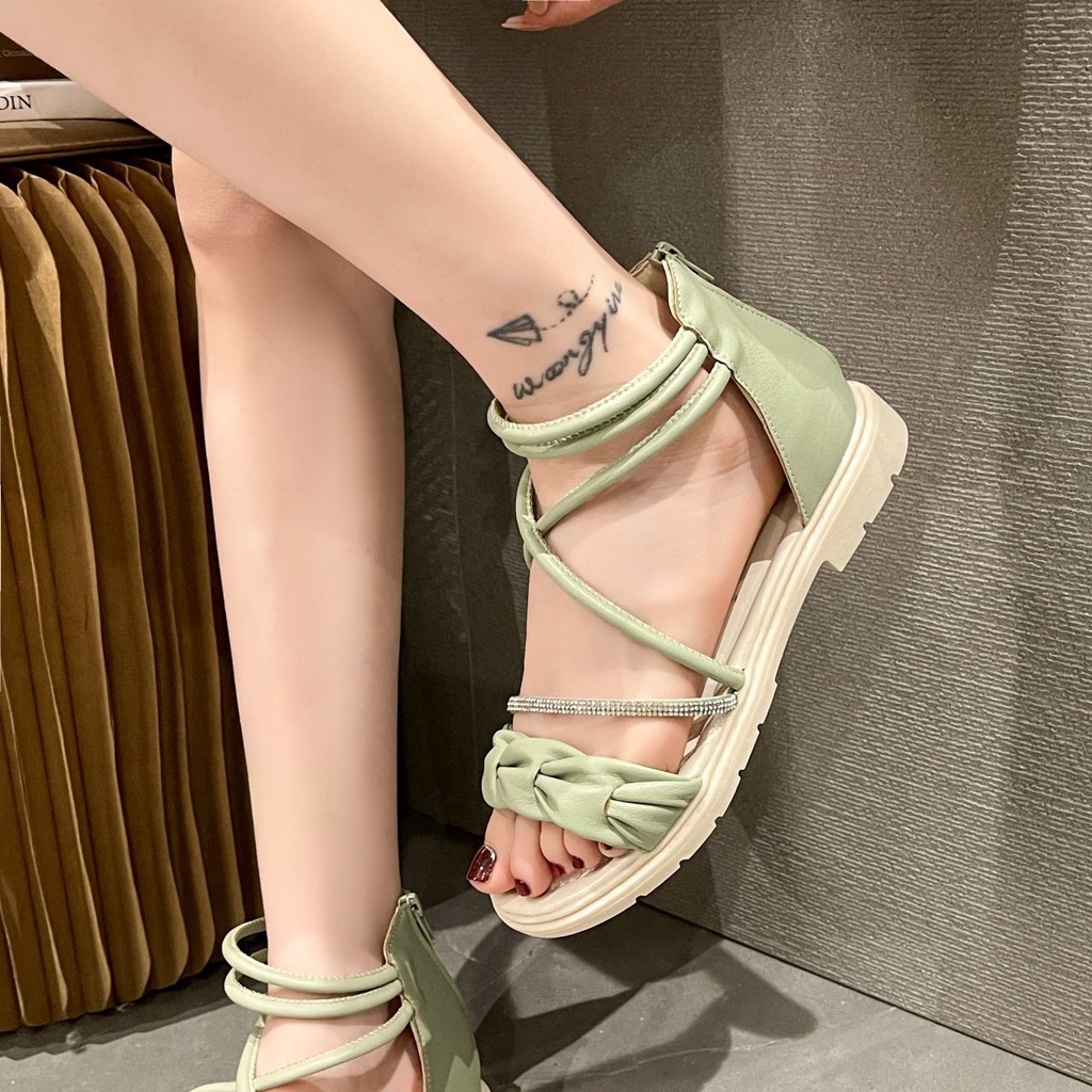 Giày Sandal Đế Bằng Có Khóa Kéo Sau Lưng Phong Cách Hàn Quốc 2023 Cho Nữ