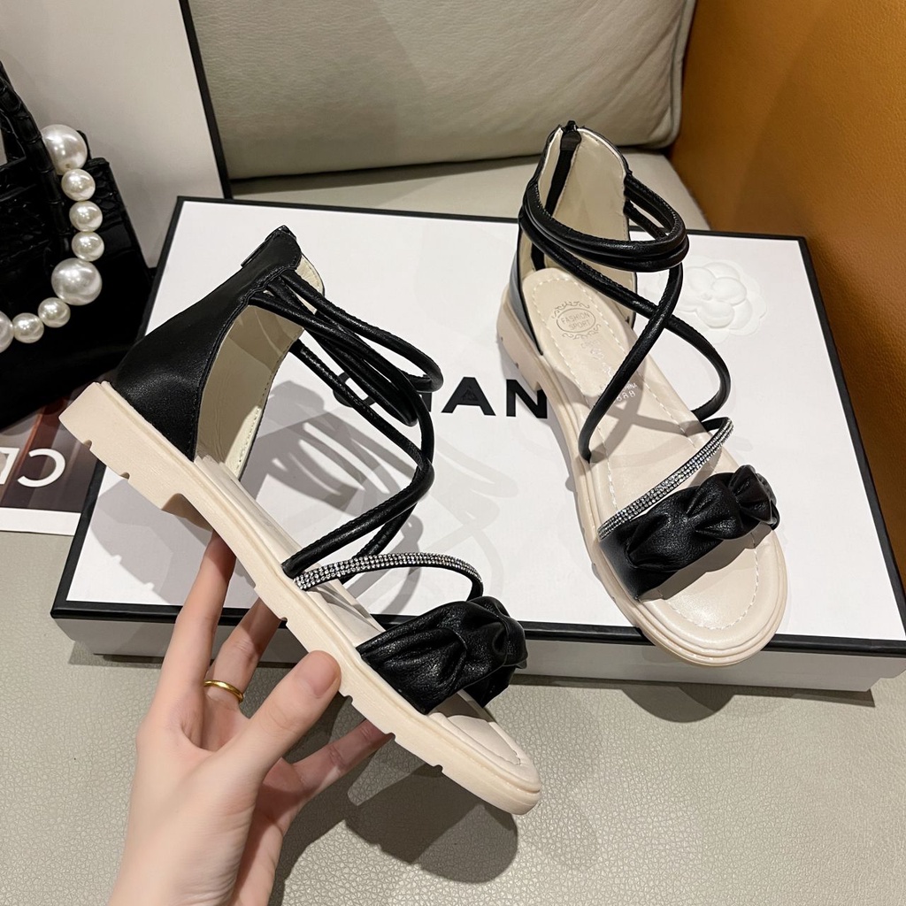 Giày Sandal Đế Bằng Có Khóa Kéo Sau Lưng Phong Cách Hàn Quốc 2023 Cho Nữ