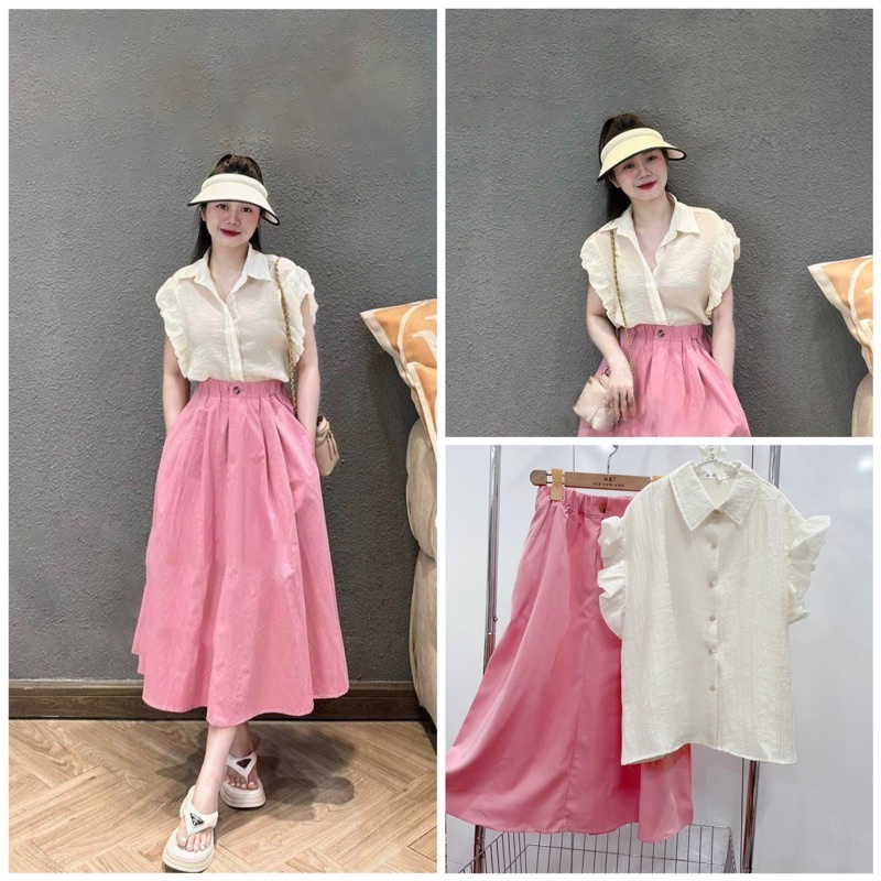 ✨FULLSET✨SET áo tơ be 2 lớp mix CV thô màu hồng-SET002