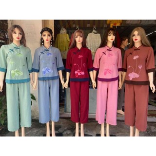 Có bigsize set bộ nữ sẩm đũi thêu sen đồ lam đi chùa