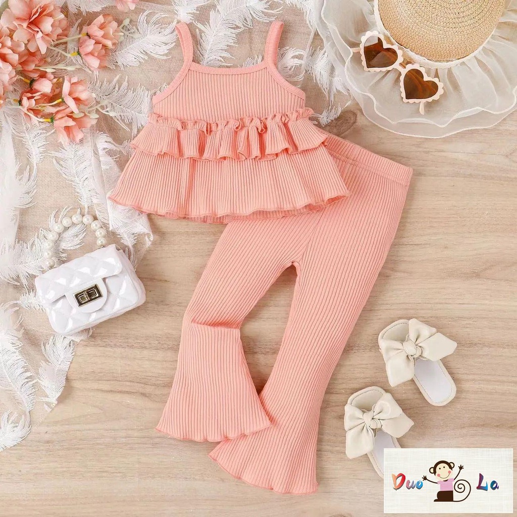 Set Áo Hai Dây Phối Quần Dài Ống Loe Thời Trang Hè 2023 Xinh Xắn Cho Bé Gái