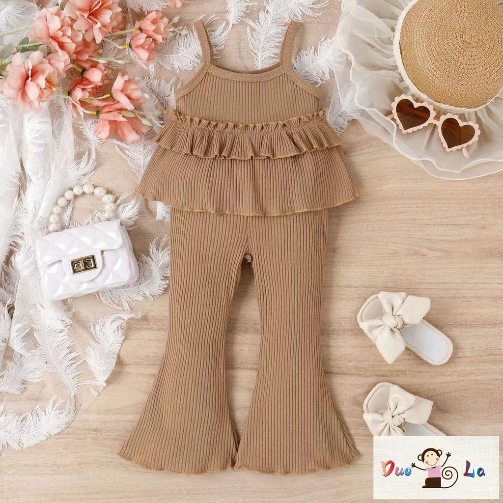 Set Áo Hai Dây Phối Quần Dài Ống Loe Thời Trang Hè 2023 Xinh Xắn Cho Bé Gái