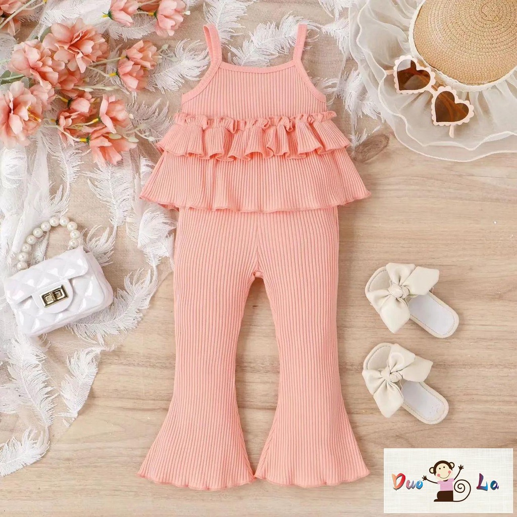 Set Áo Hai Dây Phối Quần Dài Ống Loe Thời Trang Hè 2023 Xinh Xắn Cho Bé Gái