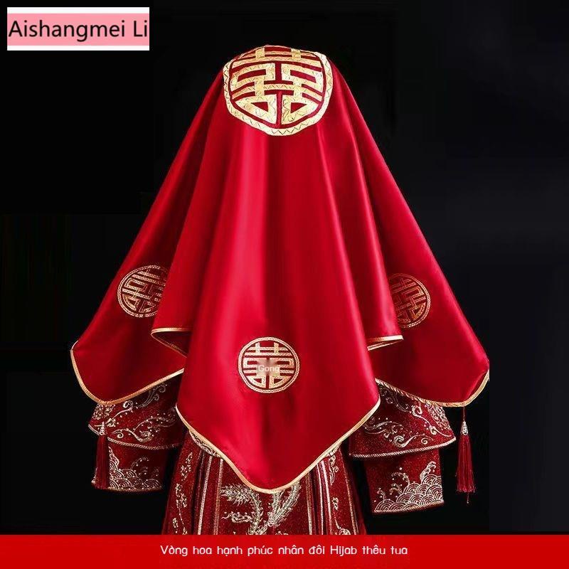 Khăn Trùm Đầu Cô Dâu Màu Đỏ Vải Satin Thêu Họa Tiết Phong Cách Trung Hoa Cổ Điển Xiuhe