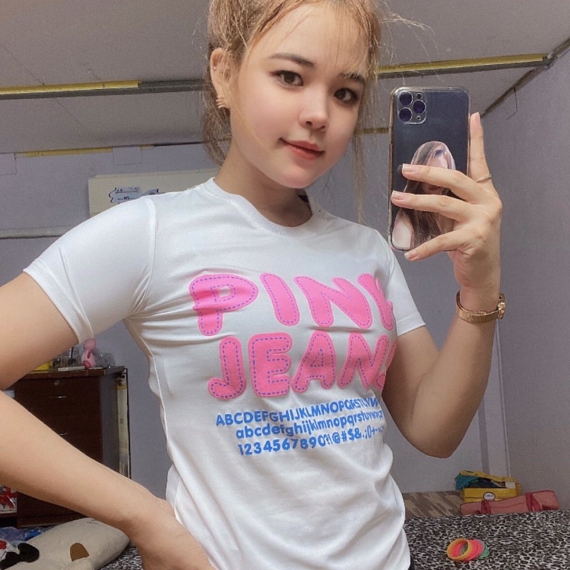 Áo cộc tay in chữ nổi Pink Jeans thể thao tập gym yoga nữ thun 4 chiều mịn mát form xuất