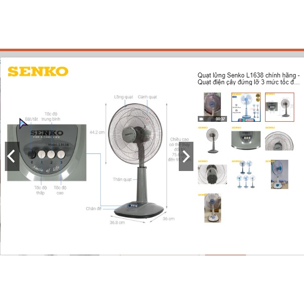 Quạt lửng Senko L1638 chính hãng -3 mức tốc độ gió  , lõi đồng 100% , bảo hành 12 tháng