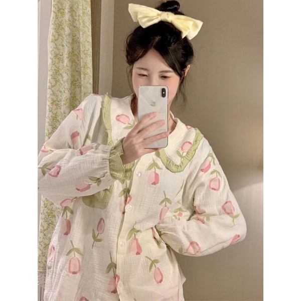 Bộ đồ ngủ dài tay Bạch Lộc hình hoa tuy líp dễ thương