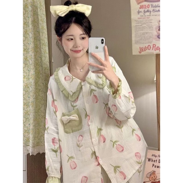 Bộ đồ ngủ dài tay Bạch Lộc hình hoa tuy líp dễ thương