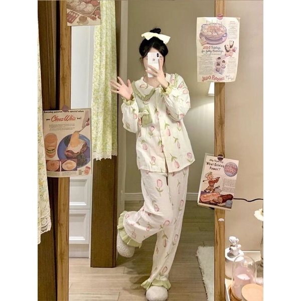 Bộ đồ ngủ dài tay Bạch Lộc hình hoa tuy líp dễ thương