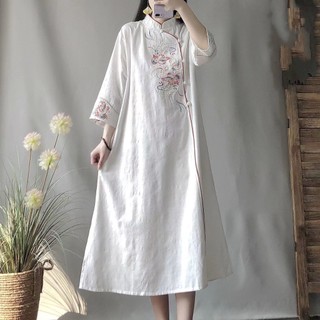 Khuyến mãi sản phẩm mới phong cách trung quốc cổ áo đứng-up chéo thêu bông vải lanh váy phụ nữ dài cổ điển khóa lỏng váy