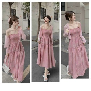 Đầm thời trang nữ đi chơi chất liệu caro xốp & xốp sọc đầm dập ly ngực thân trước sau kèm áo khoác