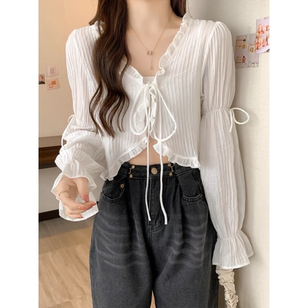 Áo cadigan khoác ngoài mỏng buộc dây, tay bo, phối bèo tiểu thư, nhẹ nhàng