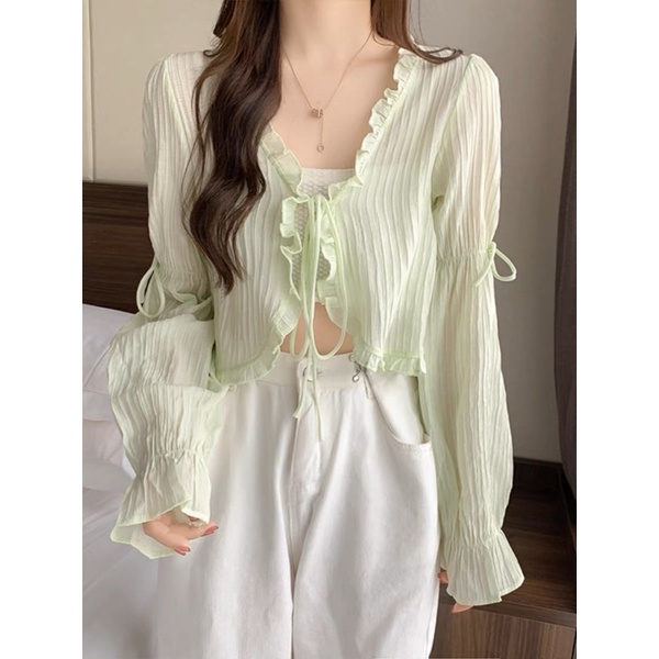 Áo cadigan khoác ngoài mỏng buộc dây, tay bo, phối bèo tiểu thư, nhẹ nhàng